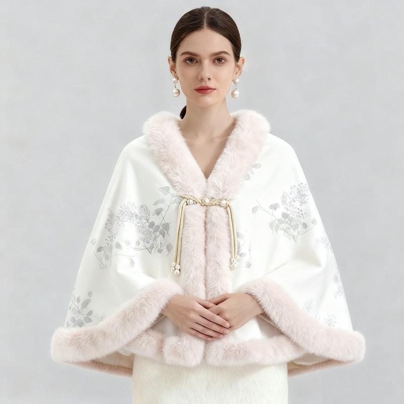 Damen Gestricktes Cape mit Perlenknöpfen Kunstpelzkragen Warmer Bedruckter Schal Winter