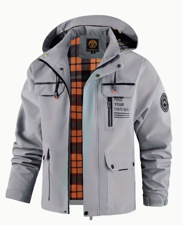 Men's Hooded Winter Jacket with Multiple Pockets, Red-Black Plaid Lining, and Adjustable Cuffs - Beige, Black, Army Green