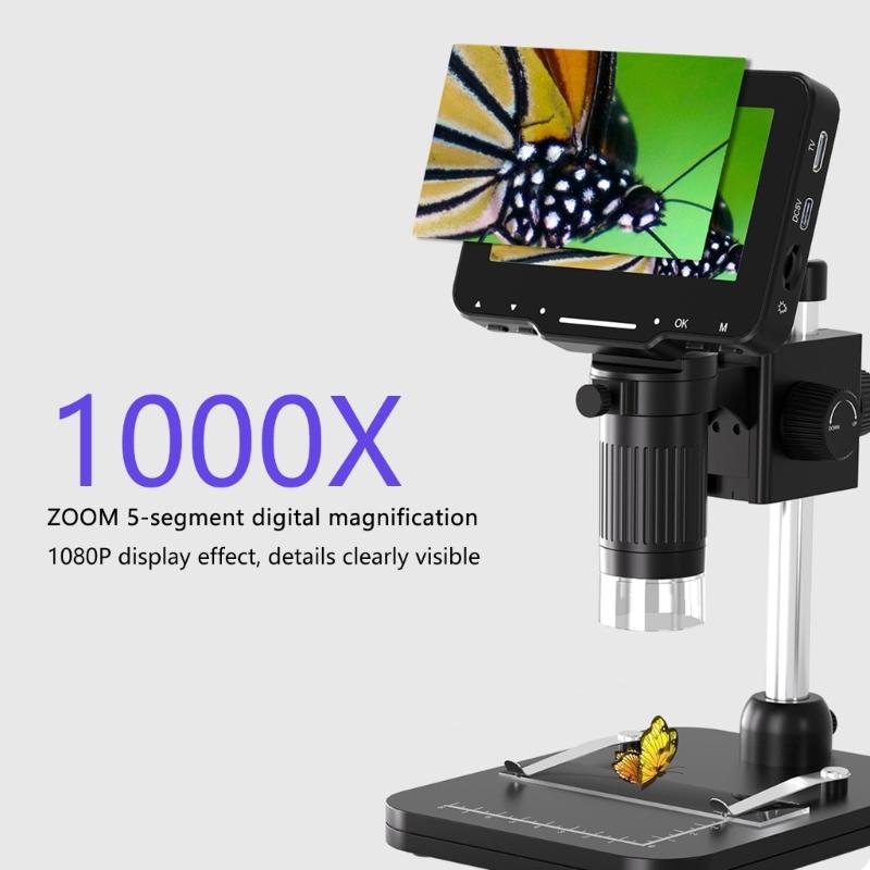 LCD Digital Microscope 4.3Inch Screen 720P Video Recorder 1-1000X Magnification Zoom Coin Microscope Magnifier PC View