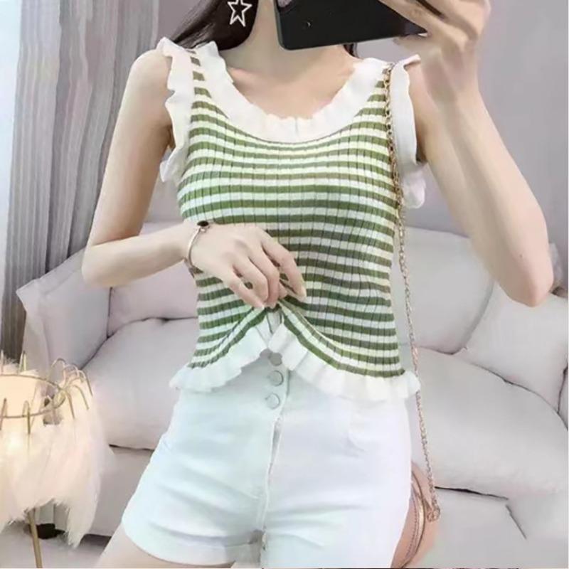 Summer New Port Flavor Striped Short Knitwear Top Women Summer Slimming Wooden Ear Edge Halter Small Vest