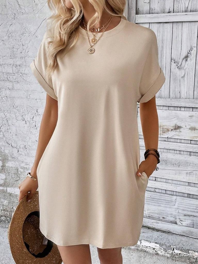 Women's Summer New Arrivals Solid Color Crew Neck Loose Short Sleeve Pocket Dress