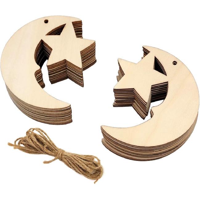 32 Pack Wooden Moon and Star Cutouts - Glitter Crescent Hanging Ornaments, Gift Tags for Home Party Decoration, Craft Project