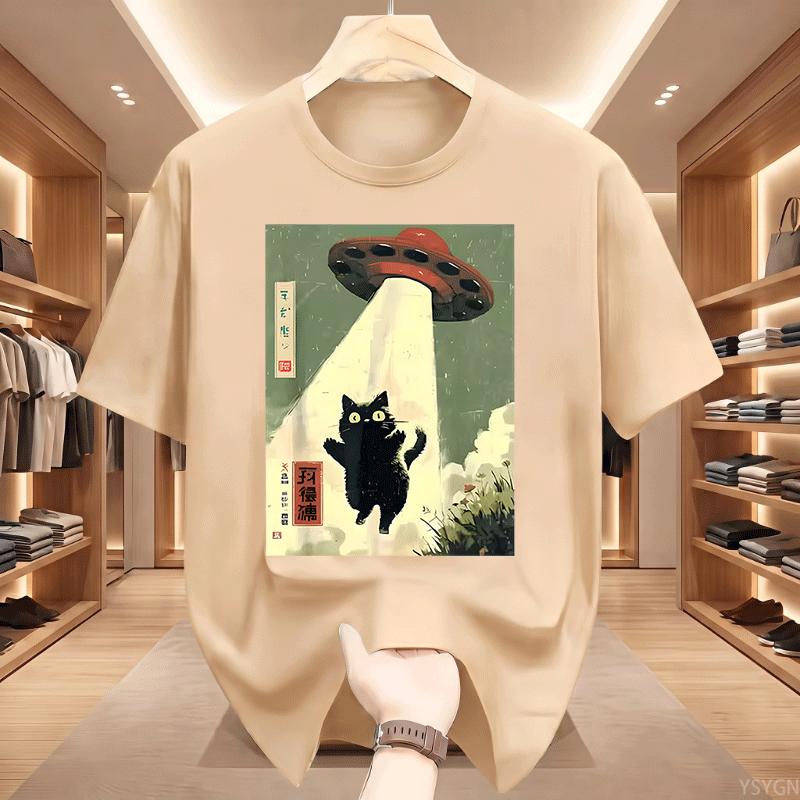 Black Cat Ufo Graphic Tshirts Japanese Cat Alien Graphic Tee Unisex Unisex Cotton Short Sleeve Printed Tshirts Streetwear Tops