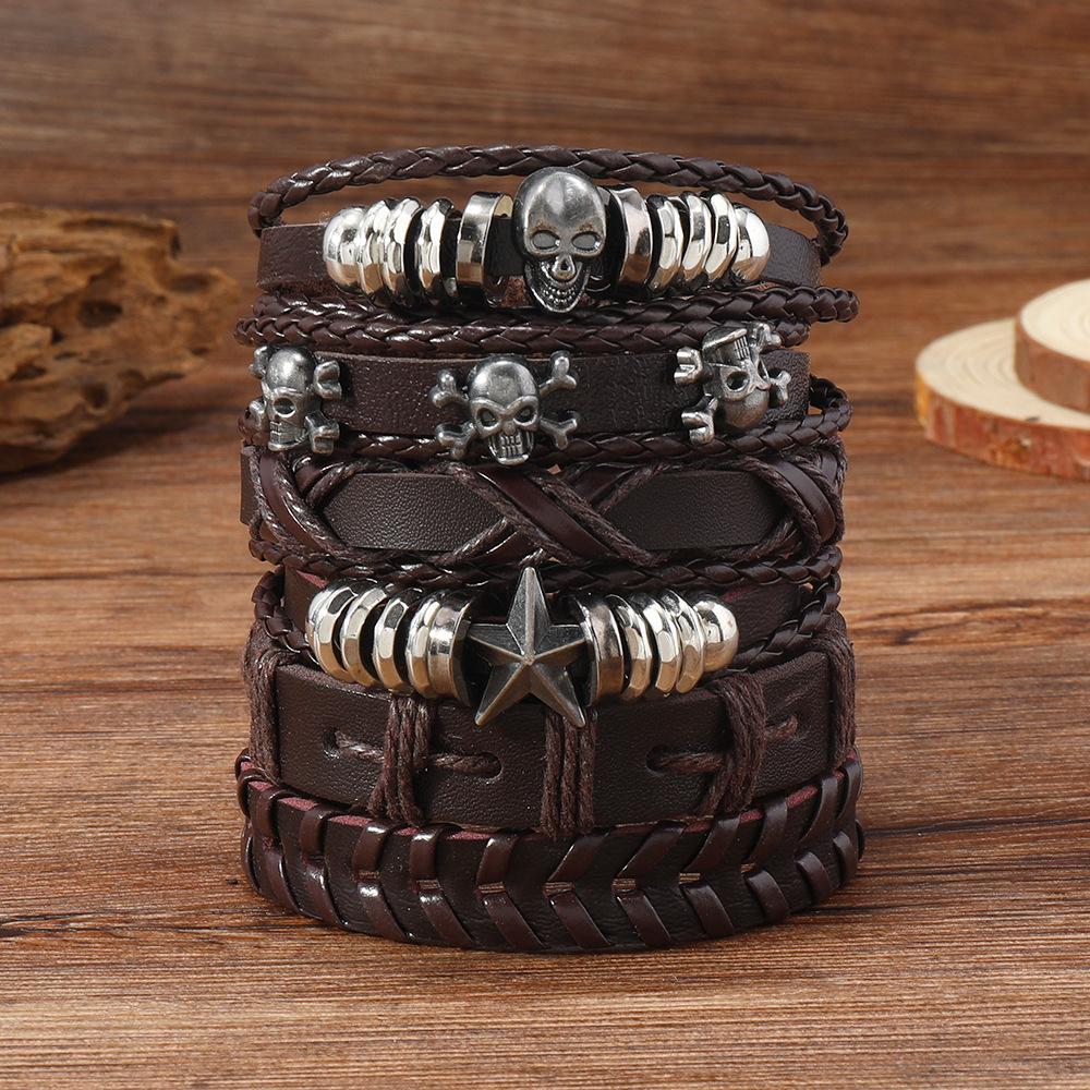 Foreign Trade Direct Supply Multi-color Alloy Skull Woven Leather Jewelry Men's Multi-layer Hand-woven Bracelet