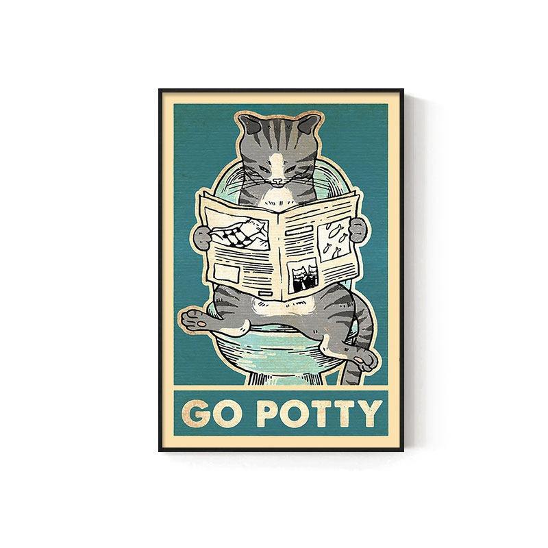 Retro Kitten Cartoon Canvas Painting Bathroom Toilet Poster Toilet Children's Room Decoration Painting for Modern Living Room Asian Style Home Decor