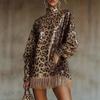 Autumn/Winter European & American Fashion: High Neck Long Sleeve Brown Sequin Fringe Short Dress with Leopard Print.