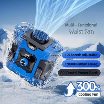 8000mAH Portable Waist Fan Hanging Neck Fans Ultra-Strong Wind With Power Bank LED Lightings For Sports Courier Outdoor Working