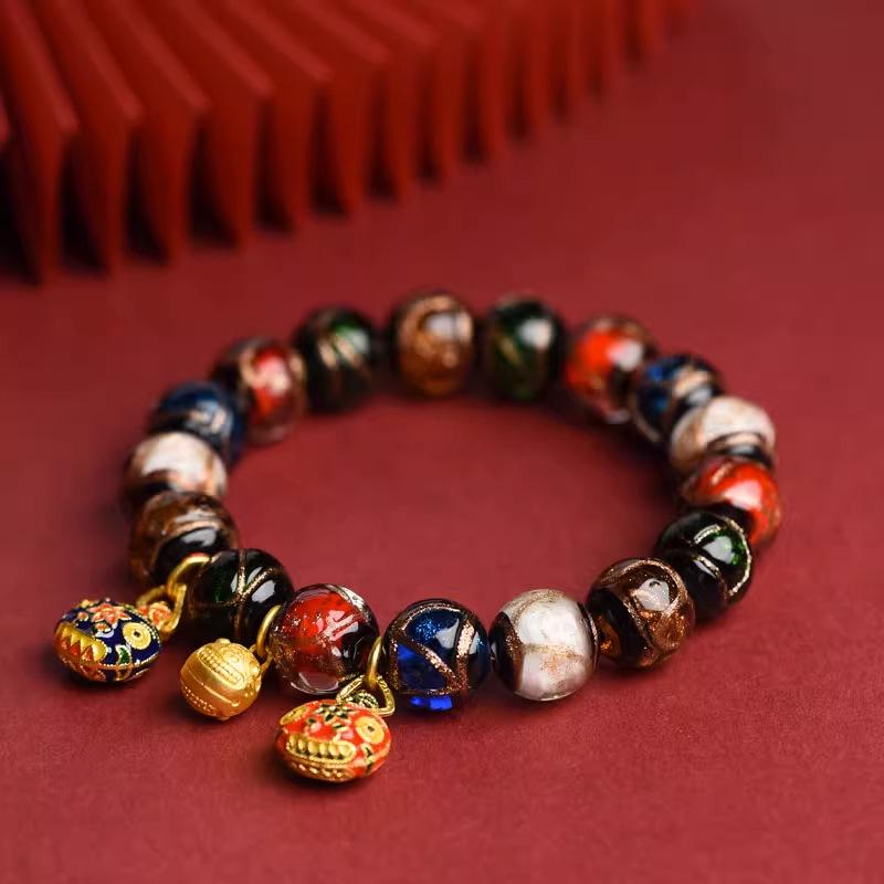 Multicolored Incense Ash Glazed Handcrafted Beaded Bracelet with Swallowing Gold Beast Design for Five-Color Benming Year