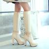 Kadın Yüksek Çizmeler Kış Platform Seksi Siyah Beyaz Topuklu Diz Üstü Çizme Kadın Moda Tokalı Fermuarlı Uzun Çizmeler Bayan