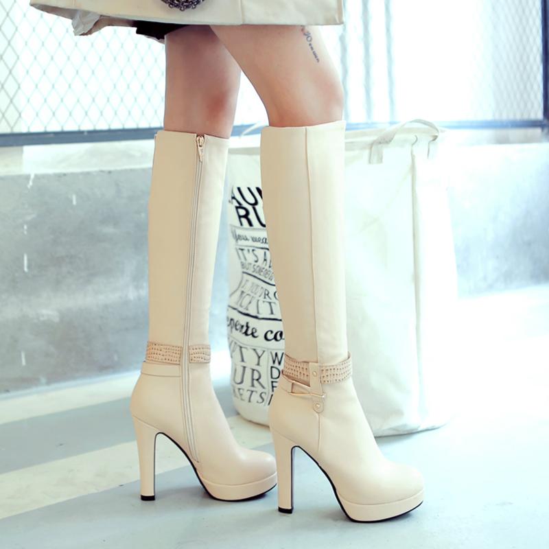 Kadın Yüksek Çizmeler Kış Platform Seksi Siyah Beyaz Topuklu Diz Üstü Çizme Kadın Moda Tokalı Fermuarlı Uzun Çizmeler Bayan
