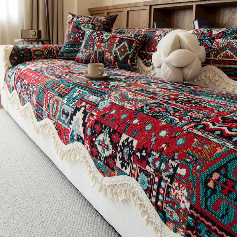Premium Ethnic Style Sofa Cover Cloth Fixed Anti Slip Straight Row Sofa Cushion One-Piece All Season Universal Retro Classic
