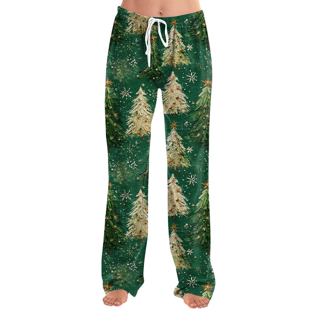 Ladies' Loose And Casual Christmas Printed Wide Leg Pants With Elastic Waistband Drawstring And Pocket Pants