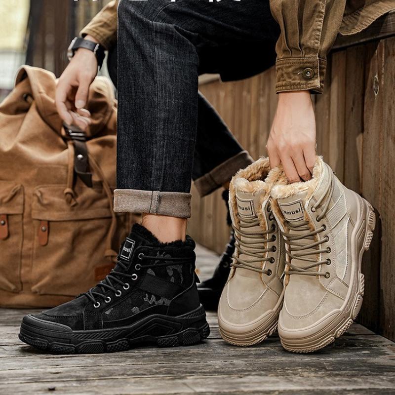 Men's Short Boots 2026 Winter New Plush Thicken Outdoor Non Slip High Top Shoes Comfortable Fashion Cross Tied Warm Cotton Shoes