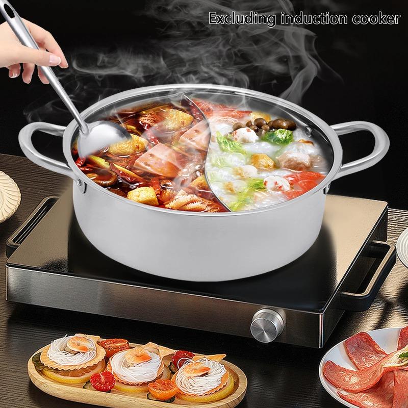304 Food Grade Stainless Steel  Shabu Pot with Lid Divider Dual Sided Cookware for Induction Cooktop Gas Stove Kitchen Cooker