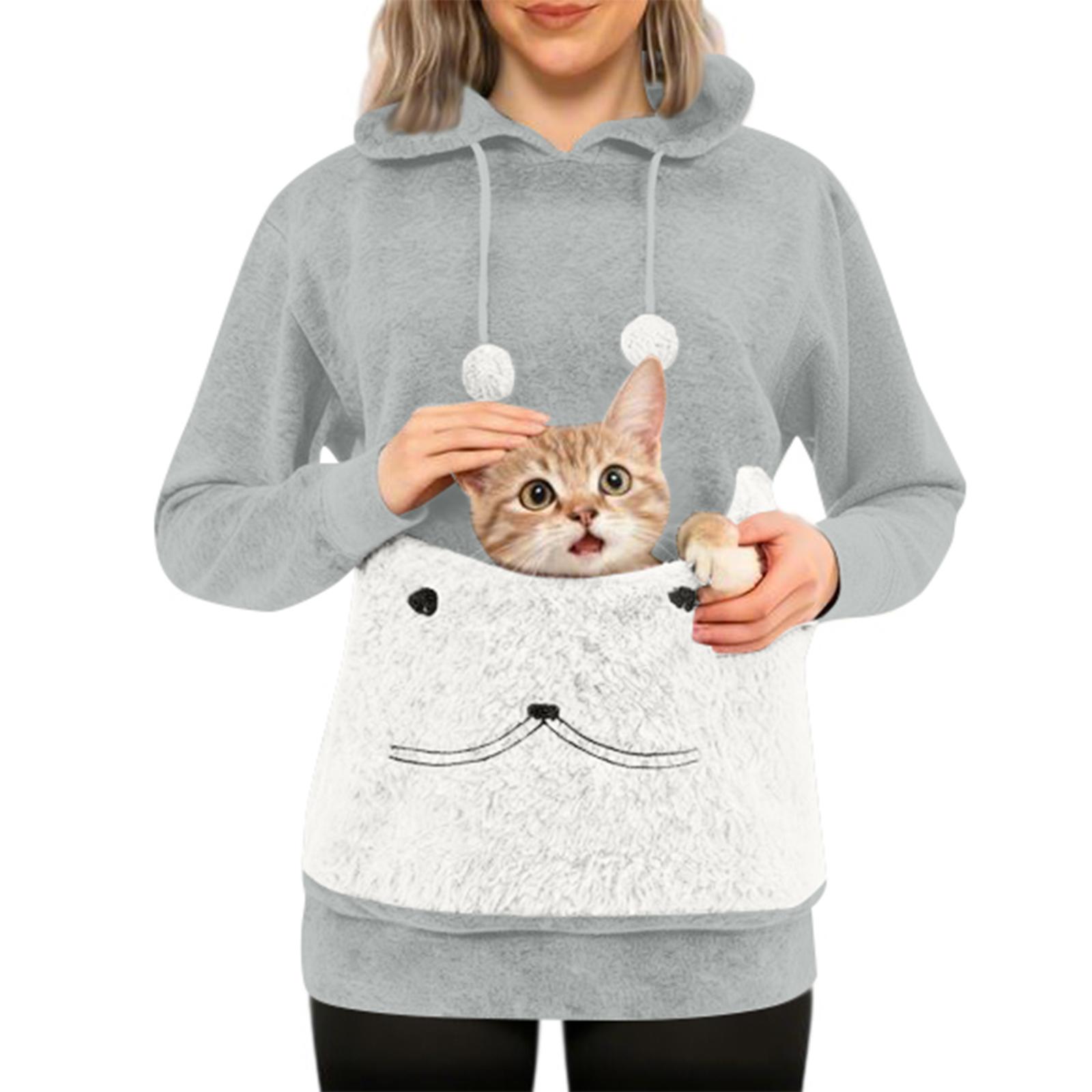 

Женский модный повседневный топ однотонный с длинным рукавом худи с карманом для питомца XXL