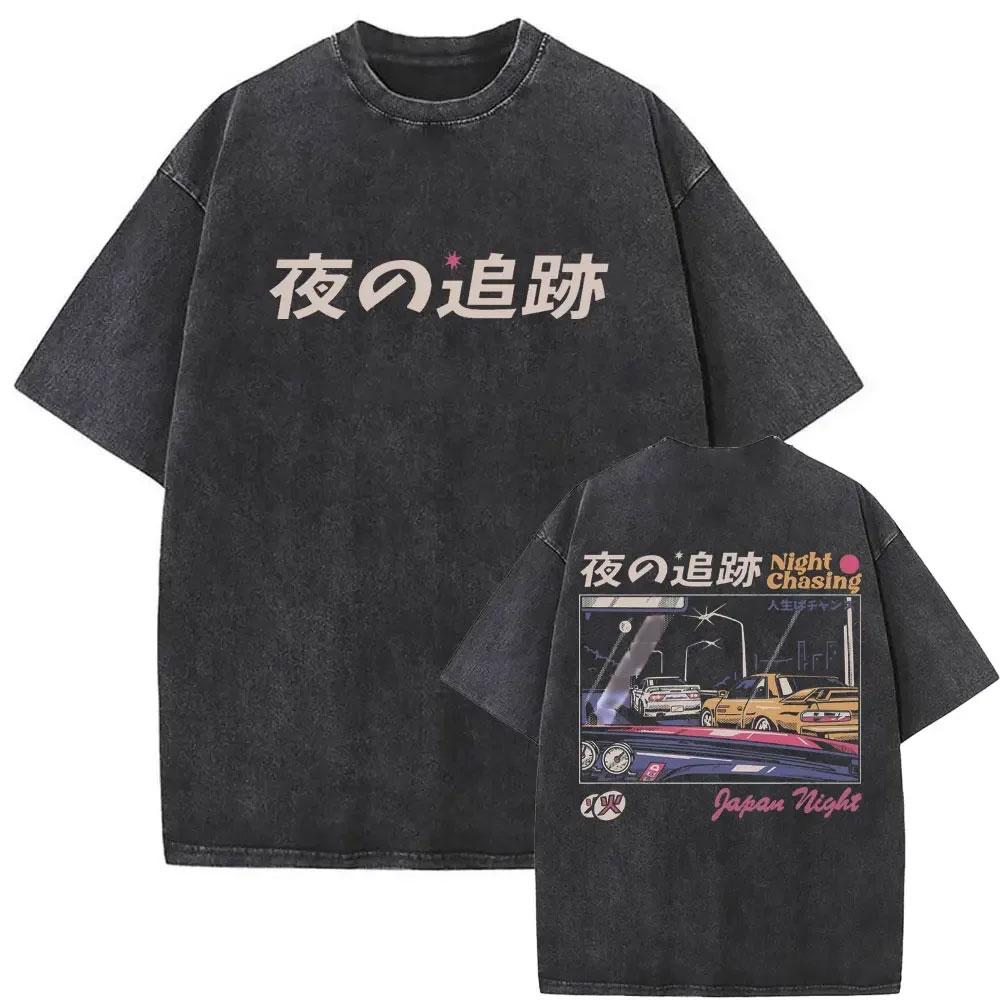 Anime Initial D Drift AE86 Washed Vintage Print T-shirt RX-7 R34 Skyline GTR JDM T-shirts Men's Harajuku Cozy Oversized T Shirts