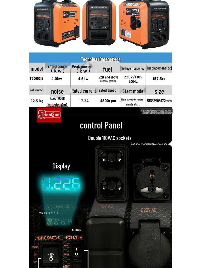 TitanGod Silent Inverter Generator - 220V/110V, One-Key Start, Ideal for Home & Travel