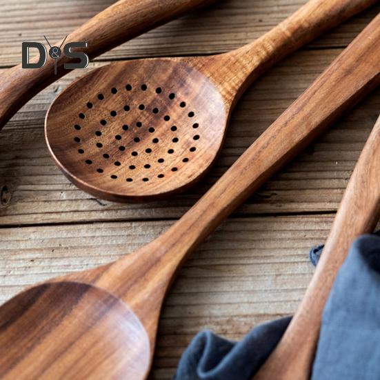 Set de ustensile de gătit din lemn 5/6 buc. Ustensile de bucătărie antiaderente cu suport Set de spatule de prindere confortabilă din lemn masiv Design ergonomic Ustensile de bucătărie pentru ușurință