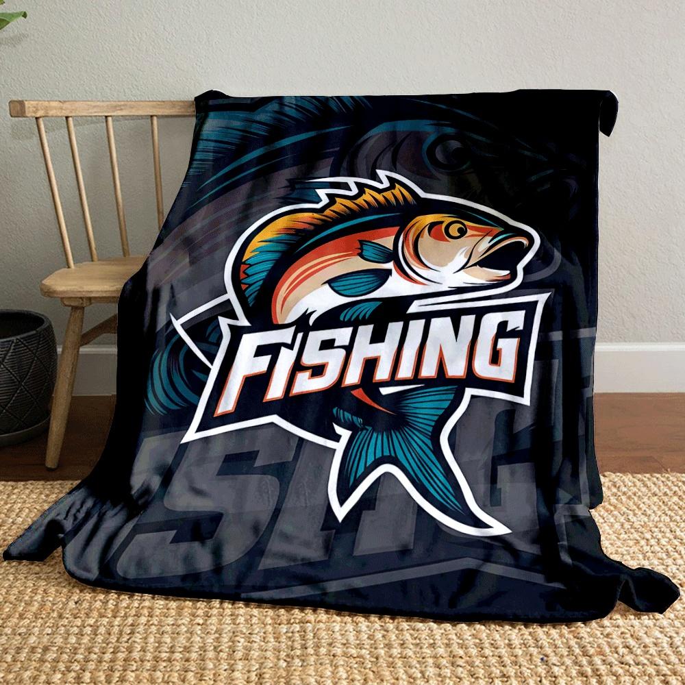 A vibrant fish illustration with "FISHING" text in bold, dynamic style. for all seasons blanket lunch break throw gift