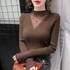 Half High Neck Mesh Hollow Sweater Base Sweater Autumn and Winter Lace Patchwork Knit Sweater Women's Top