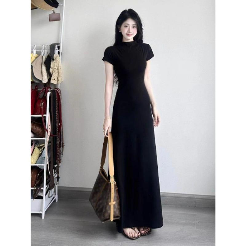 Women s clothing high-end short-sleeved crew neck dress women s design sense niche waist temperament long skirt S