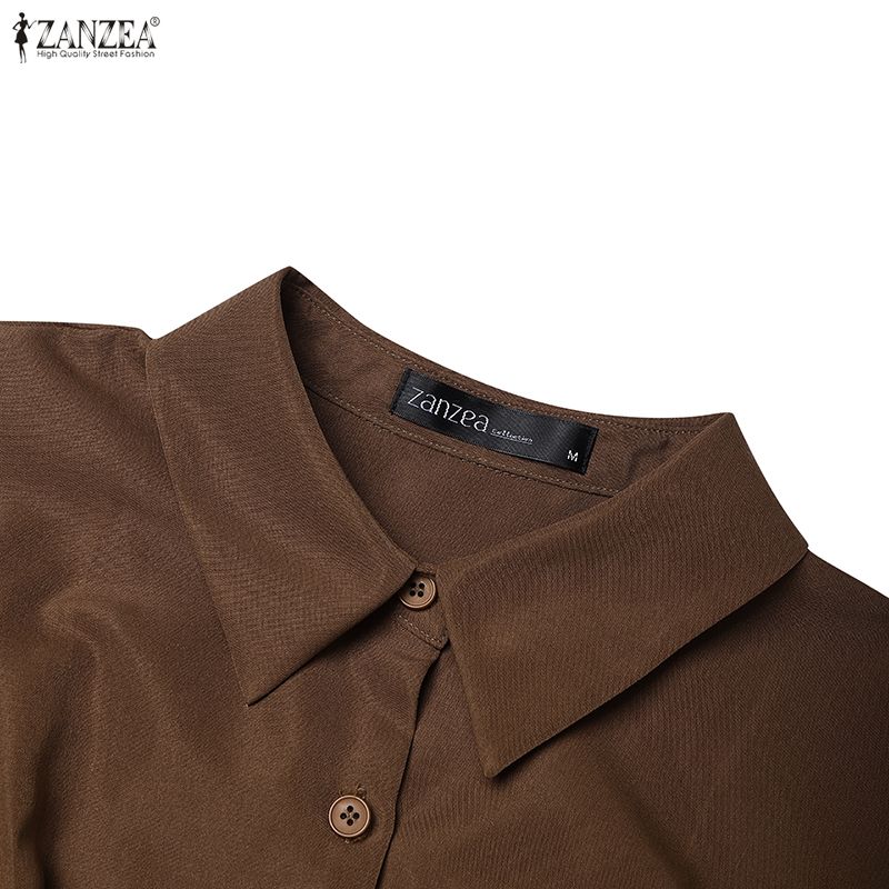 ZANZEA Damen Umlegekragen Langarm Casual Long Shirt Kleid