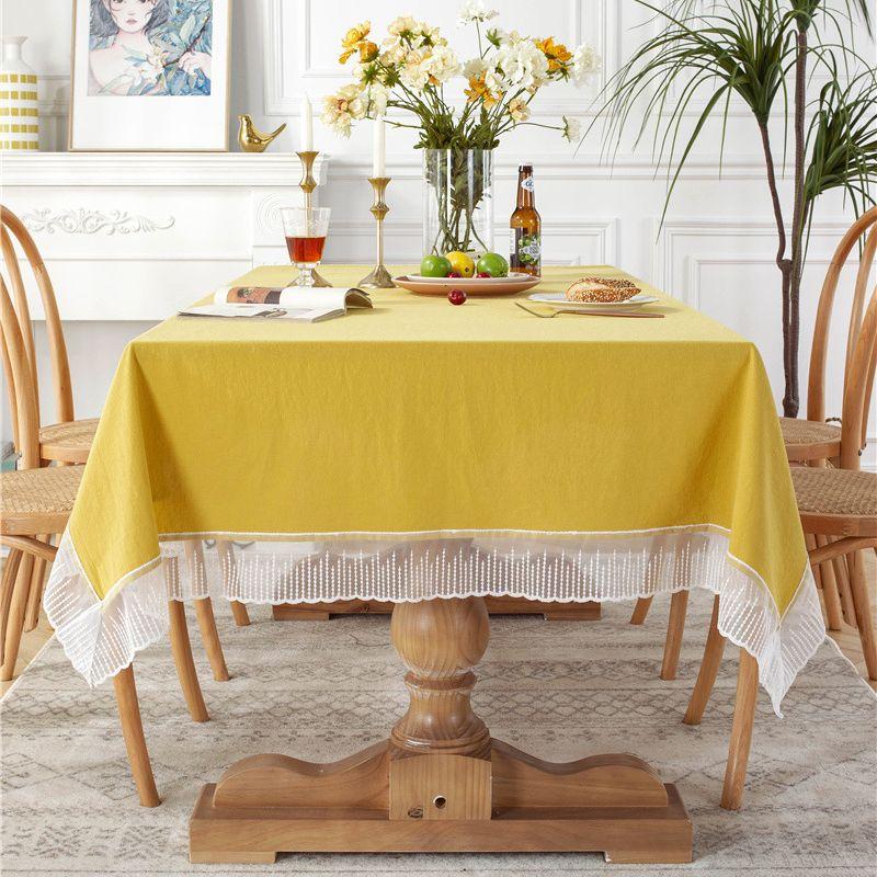 Solid Color Lace Edge Table Cover,French Retro Style Cotton Tablecloth,for Kitchen Dining Room Party Holiday Tabletop Decoration