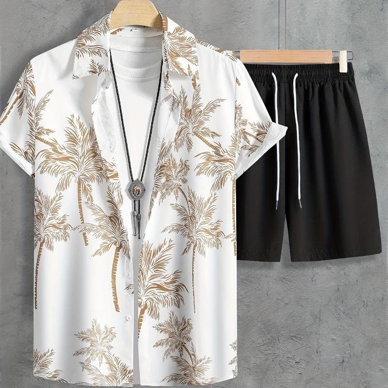 Men's Beige Tropical Leaf Print Shirt and Shorts Set Summer Vacation Wear