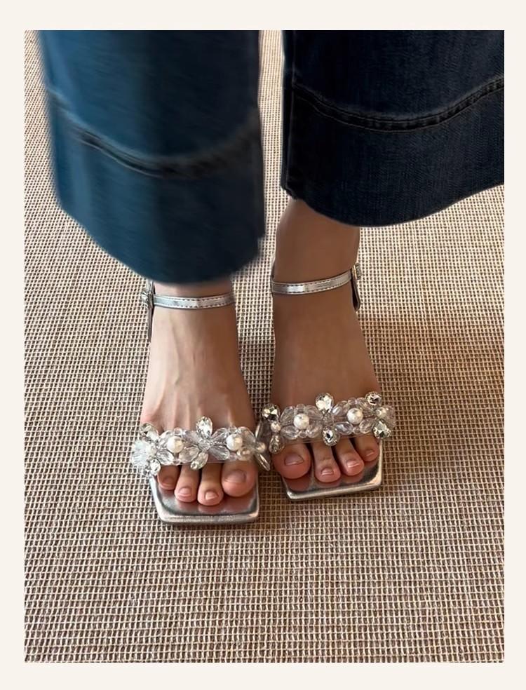 

Sheepskin version~ Fairy style with skirt rhinestone open-toed sandals women s summer breathable silver thick heel crystal high heels 40