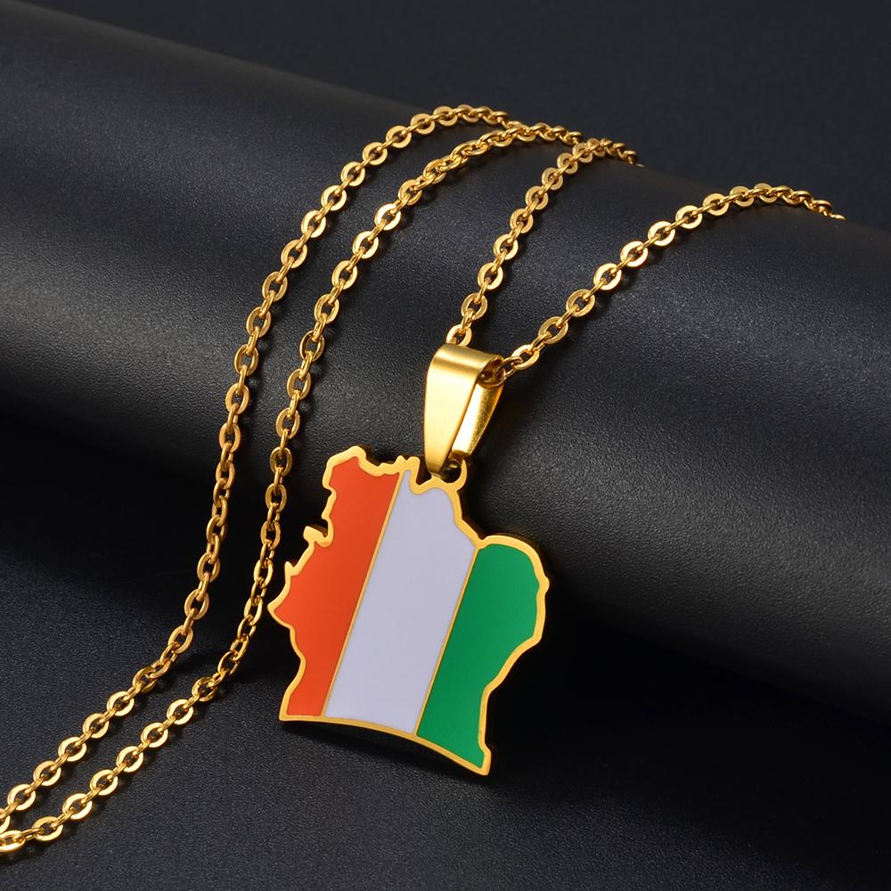 Anniyo Ivory Coast Map Flag Pendant Necklaces Cote d Ivoire Stainless Steel Jewelry @277721 60cm or 23.6 Inches