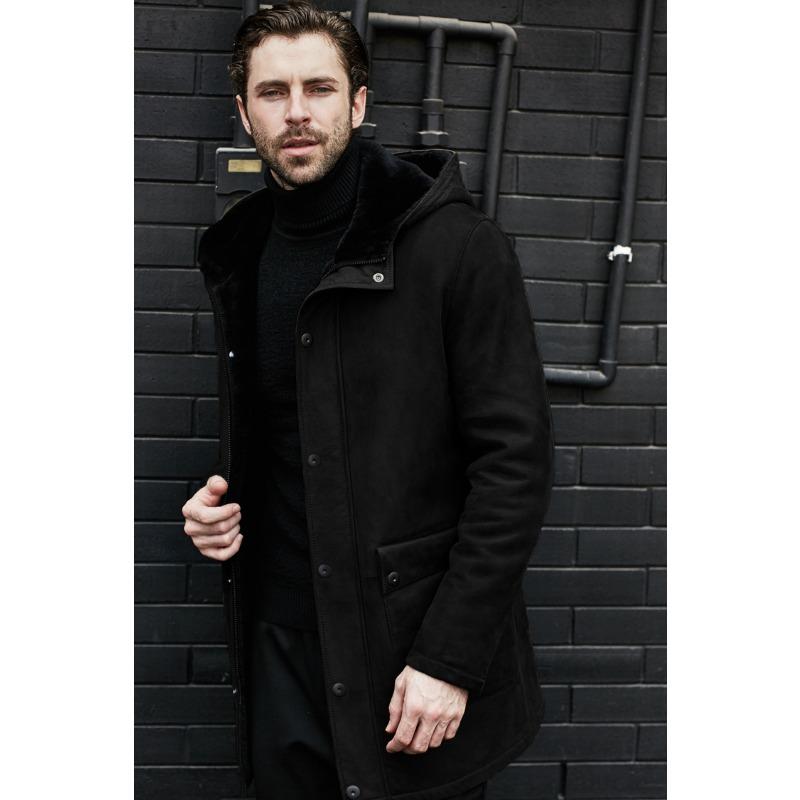 

Длинная куртка с меховой отделкой, замшевая куртка, многопуговичная куртка с капюшоном для мужчин M чёрный