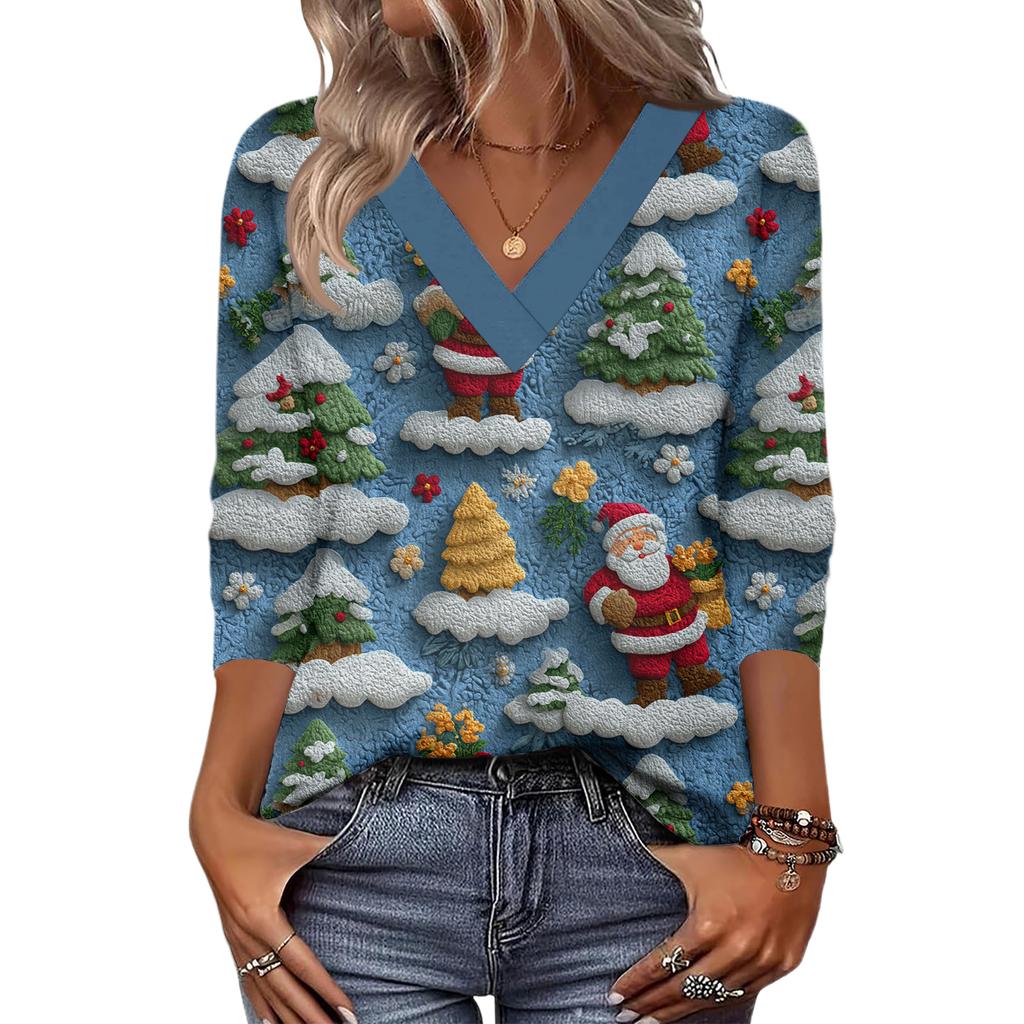 Women's Loose Comfortable Casual Fashion V-Neck Christmas Print 3/4 Sleeve Top