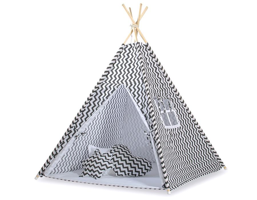 Tipi stan pro děti + přívěsky s peřím - Chevron černý