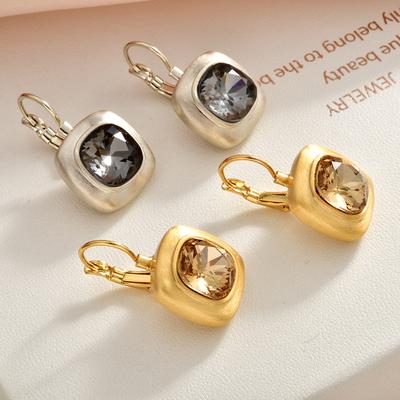 French Vintage Square Zircon Drop Earrings Light Luxury Brushed Metal Leverback Earrings for Women