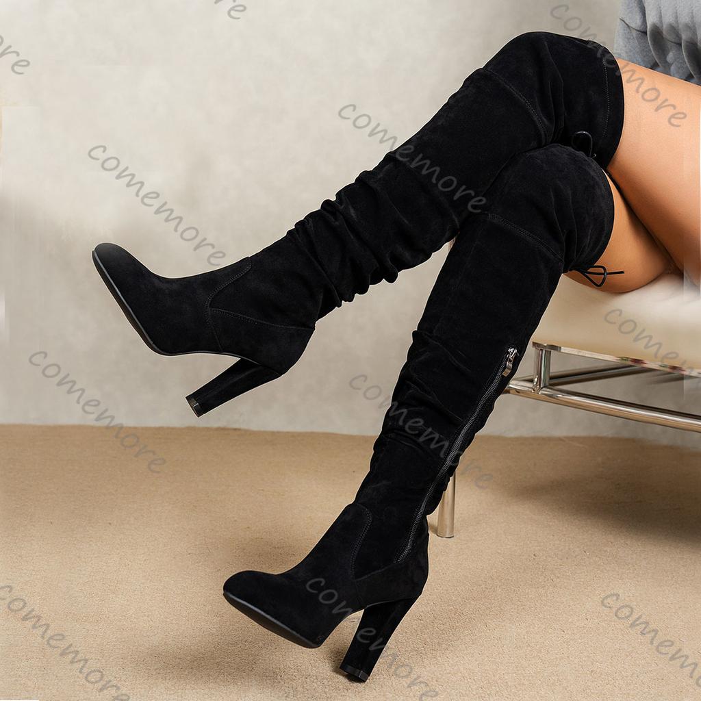 Comemore Damenschuhe Wildleder Plissee Overknee Stiefel Herbst Winter Sexy Einfarbig Runde Zehenpartie Absatz Oberschenkelhoch Botas