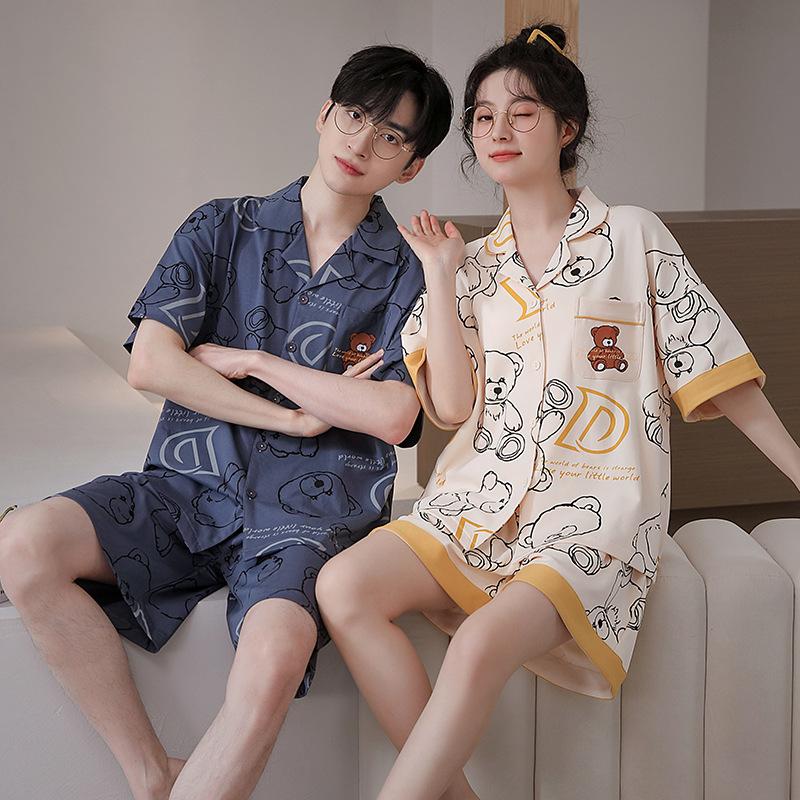 Paar Pyjama Sommer Cardigan Kurzarm Shorts Zweiteiler Mädchen Cartoon Lässig Kann tragen Loungewear Männer
