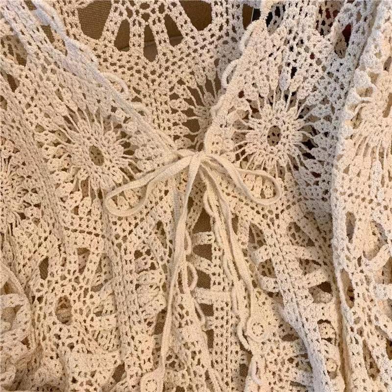 Cárdigan Chal de Ganchillo Bohemio con Cordones - Estilo Verano Resort para Mujer, Top de Manga Larga