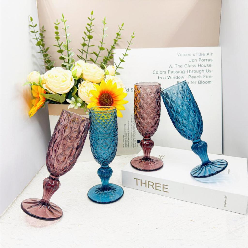Vintage Embossed Colored Glass Goblet – Luxury Thickened Bubble Wine Glass