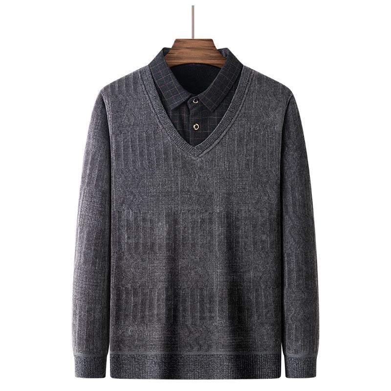 Dad's Winter Warm Chenille Knitwear: Men's Fleece-Lined Two-Piece Sweater with Thick Shirt Collar for Autumn/Winter.