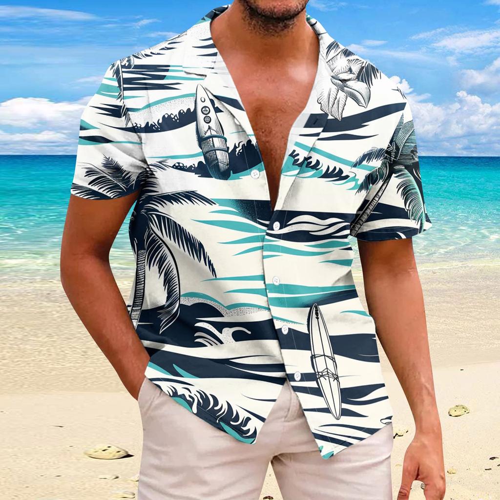 Shirt For Men Casual Fashion Summer Short Sleeve Buttons Printed T Shirt Top