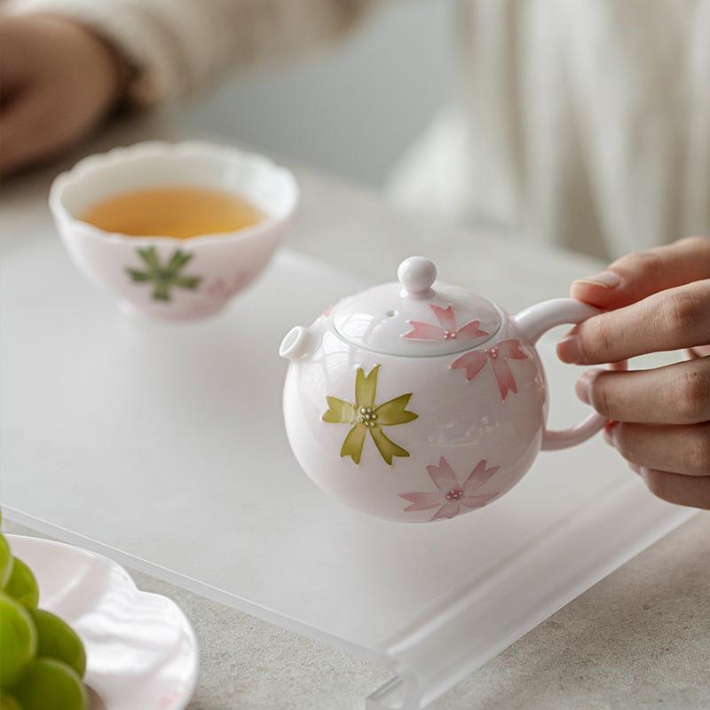 Hand Painted Underglaze Pink Sakura Xishi Teapot Luxury Ceramic Tea Set for Home Use