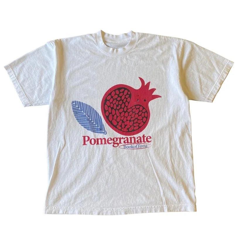 

2025 Autumn and Winter Heavy Fun Fruit Pomegranate Printing T-shirt Men Women Couples Pure Cotton Casual Loose Versatile T-shirt S