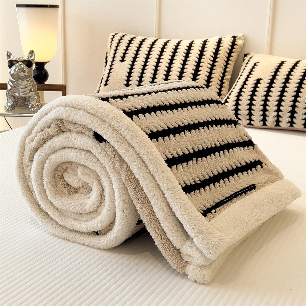 Fluffy Soft Plush Blanket for Winter Warm Thick Fleece Blanket with Geometric Striped Design Throws Blanket for Sofa Bed Bedroom