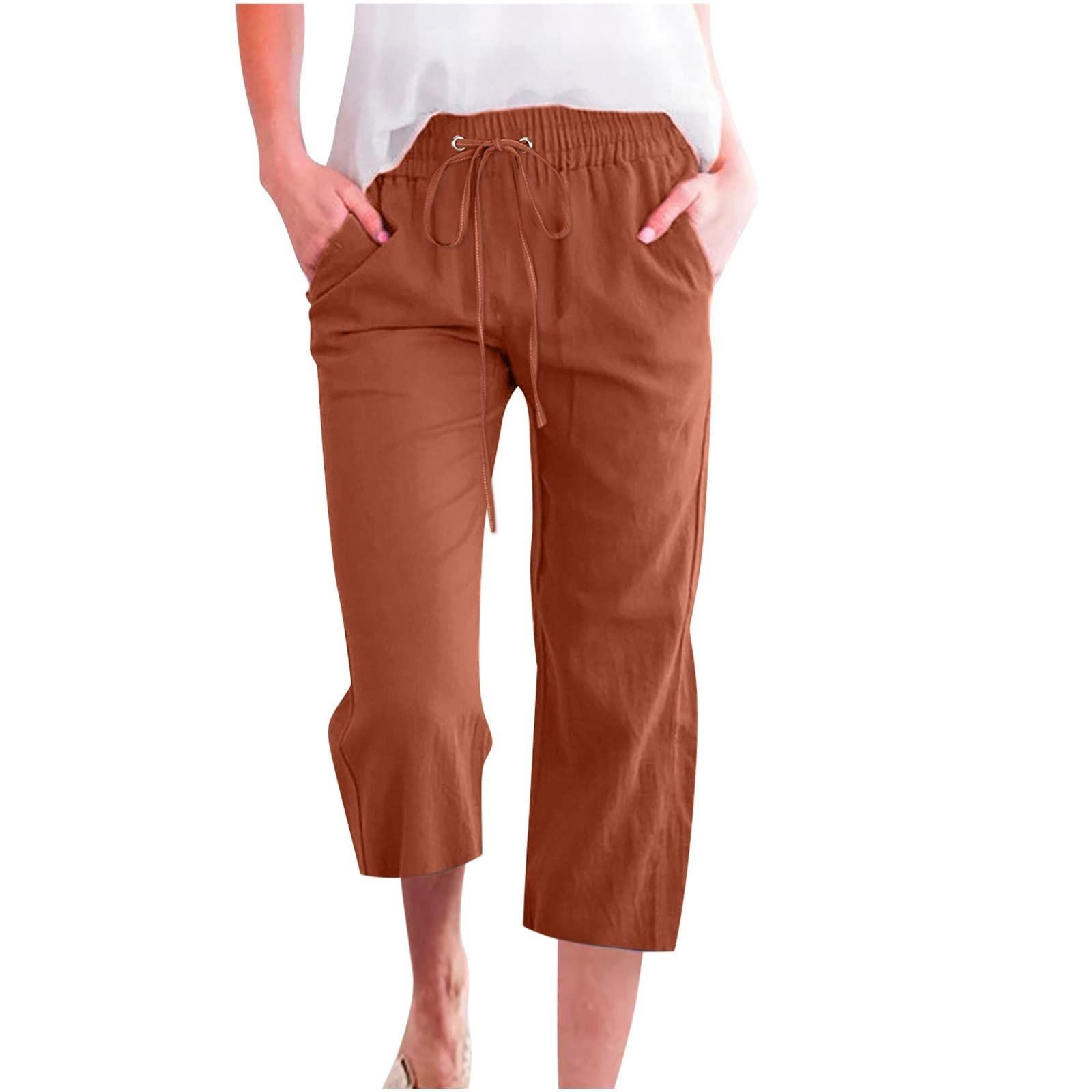 

Pants For Women Casual Summer Color Elastic High Waist Cotton And Linen Loose Pants Drawstring Pocket Mid Leg Pants XXL коричневий