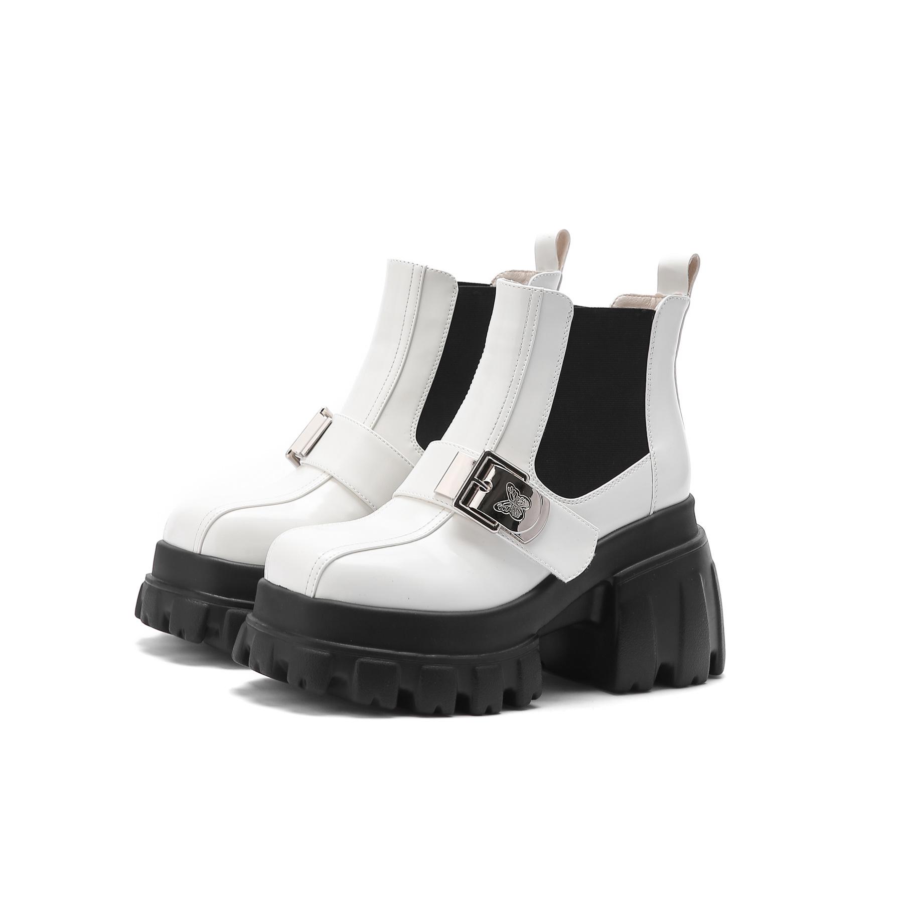 

Женские осенние ботильоны Челси 2025 года с квадратной пряжкой и массивным каблуком - Универсальная модная модель-труба 38 грязно-белый