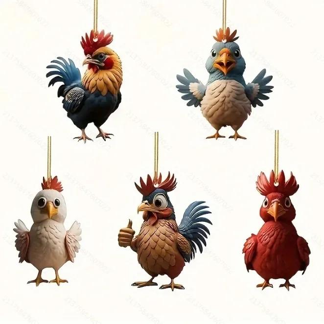 Acrylic Cute Car Keychain Backpack Pendant Cartoon Cock Key Holder Handicraft Ornaments Flat Chicken Key Ring Christmas Gift