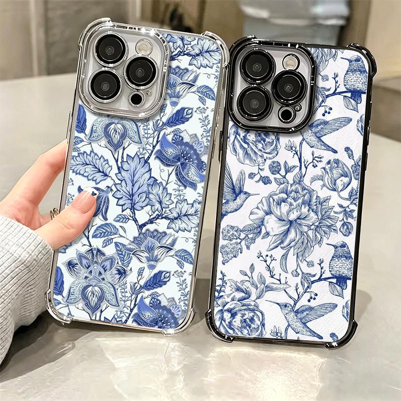Blue And White Porcelain Pattern Plating Phone Case For Iphone 16 17 Pro Max Air 16E 14 15 Plus 12 13 Mini Anti-Fall Airabag Cov
