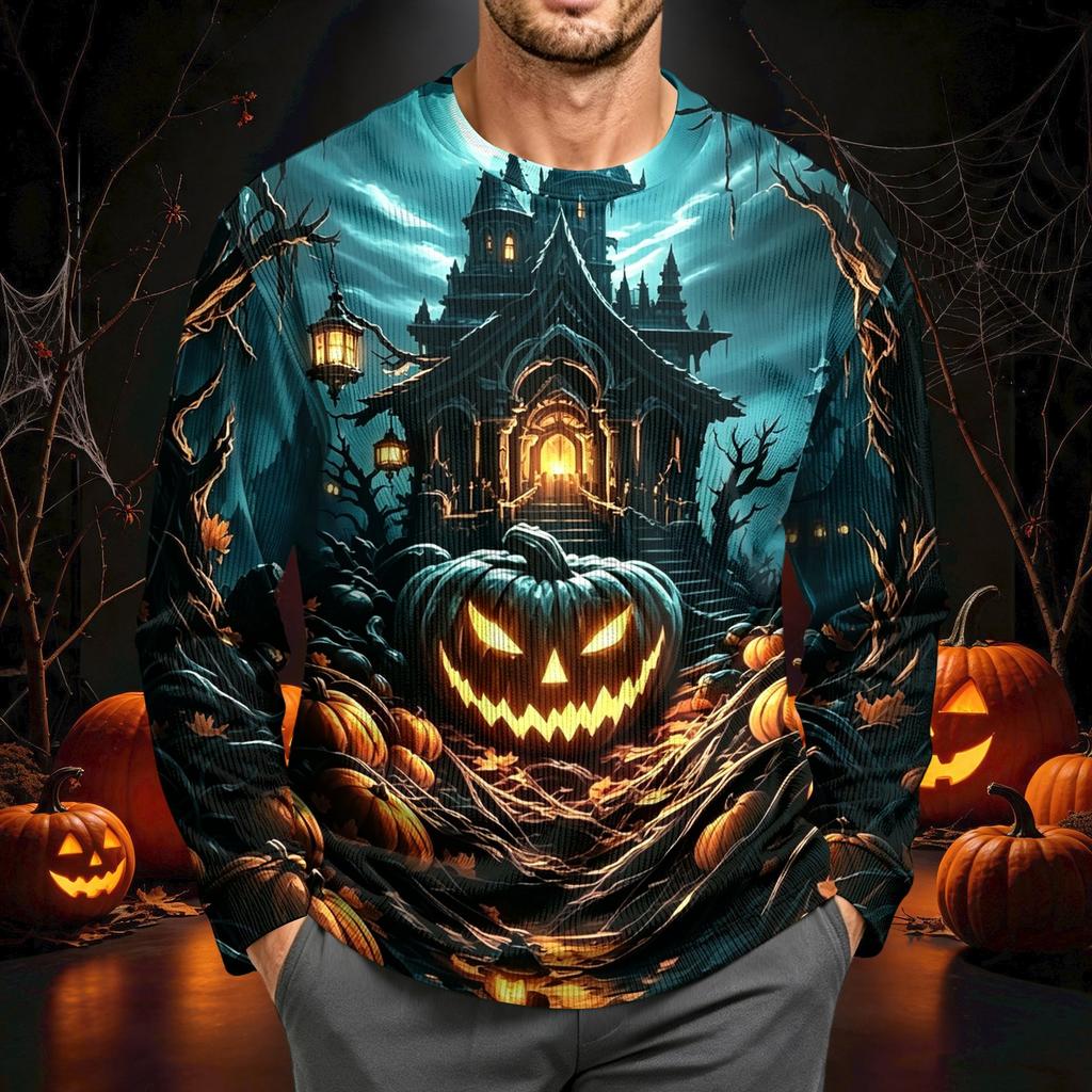Men's Corduroy Long Sleeve Neck Shirt Halloween Print Casual Pullover Top