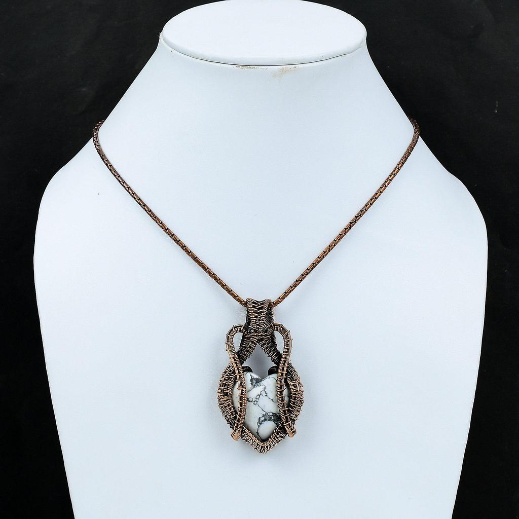 Heart Shaped Howlite Gemstone Copper Wire Wrapped Handmade Jewelry Pendant For Gift