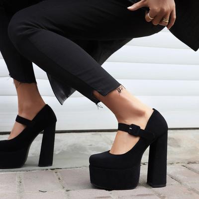 Flock Black Women's Pumps Shoes Sexy Gothic Platform High Heels Ladies Ankle Strap Office Party Dance Fetish Shoes 2024 Spring